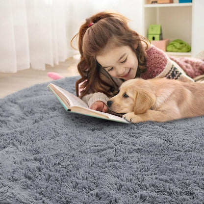 OLANLY Round Light Grey Area Rug - Soft, Fluffy, Machine Washable 8 ft Circle Carpet for Bedrooms & Living Rooms