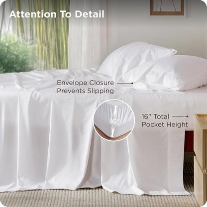 Bedsure Queen Sheet Set - Cooling Rayon Bamboo Sheets | Breathable & Soft, Deep Pocket Up to 16" - White
