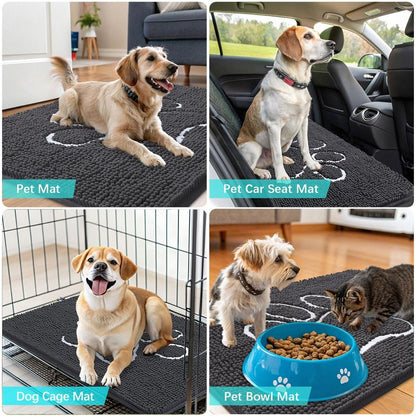 OLANLY Dog Door Mat for Muddy Paws 30x20, Paw Print Design, Absorbs Moisture and Dirt, Absorbent Non-Slip Washable Doormat, Quick Dry Chenille Mud Mat for Dogs, Entry Indoor Entryway Carpet, Dark Grey