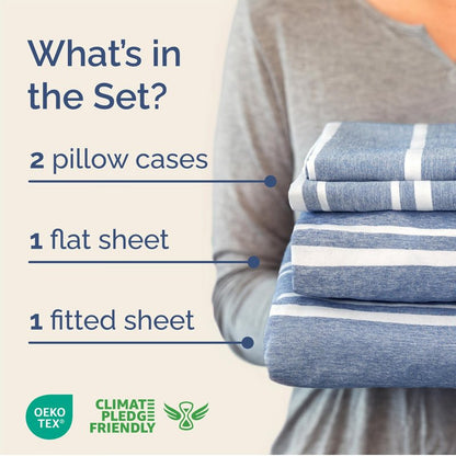 Queen Size 4 Piece Sheet Set - Comfy Breathable & Cooling Bed Sheets Set - Hotel Luxury Bedding for Women, Men, Kids, Teens, Boys & Girls - Deep Pockets, Soft, Wrinkle Free - Oeko-Tex - Blue Stripes 3