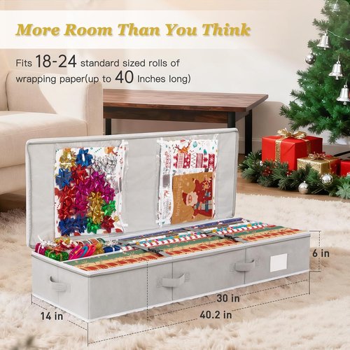 Criusia Gift Wrapping Paper Organizer - Durable Underbed Storage for 24 Rolls with Removable Dividers & Pockets | Grey