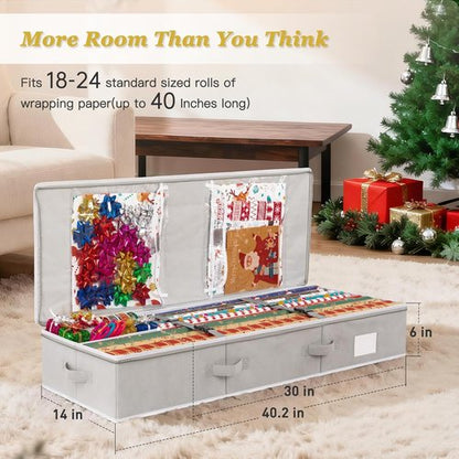 Criusia Gift Wrapping Paper Organizer - Durable Underbed Storage for 24 Rolls with Removable Dividers & Pockets | Grey