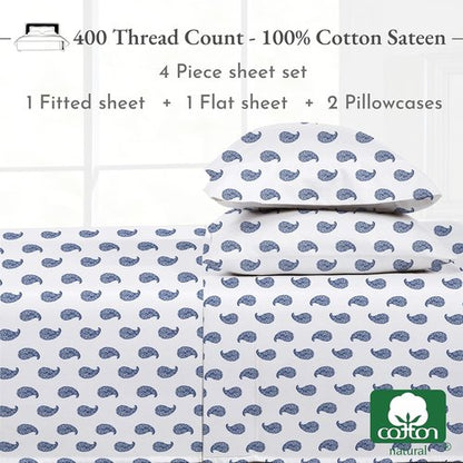 California Design Den Full Size Bed Sheets Set - 400 Thread Count, 100% Cotton, Deep Pocket - Paisley Blue