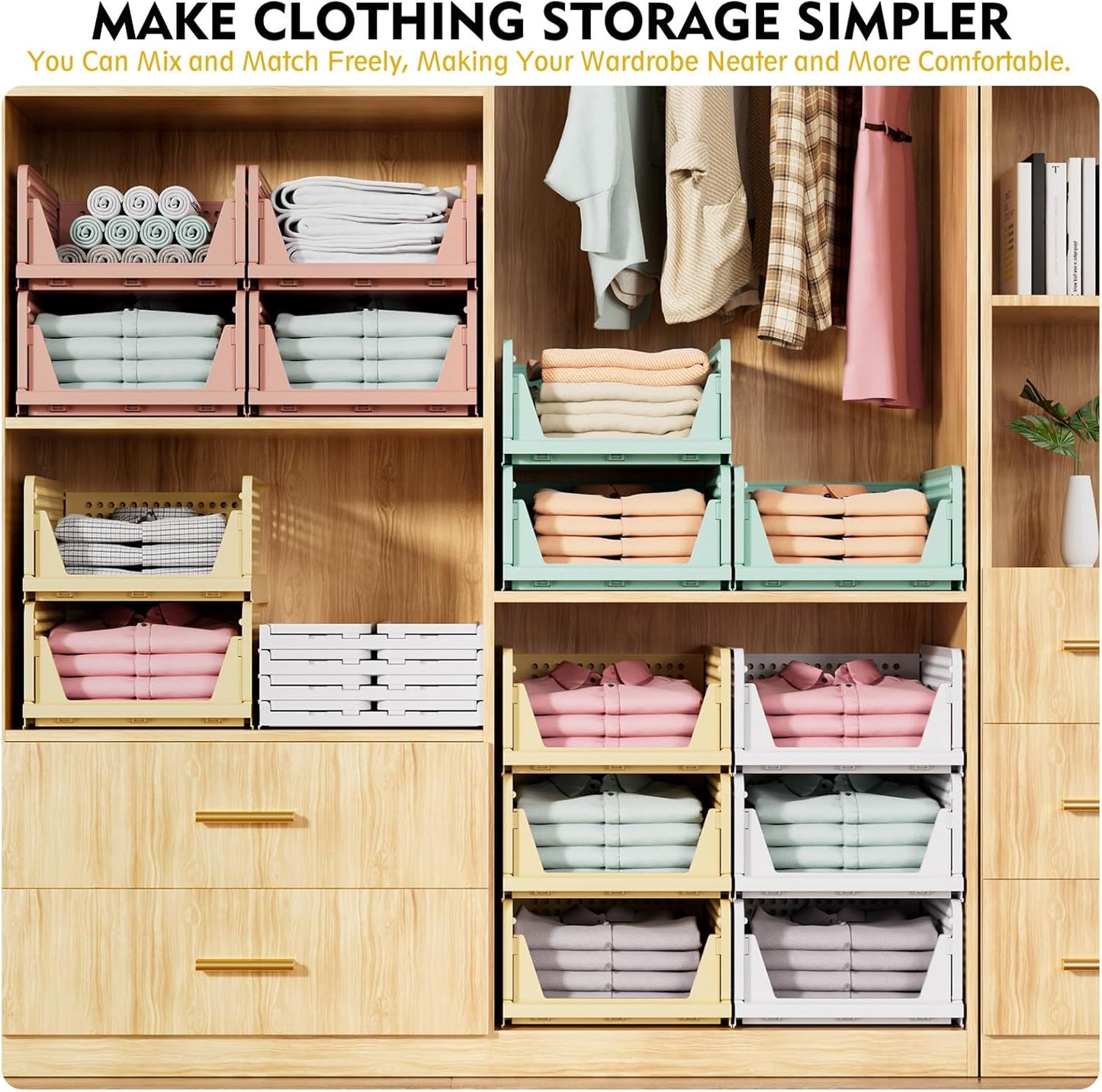SNSLXH Stackable Closet Organizer Box - Multifunctional & Foldable Storage Basket for Home | Pink, 5 Pack