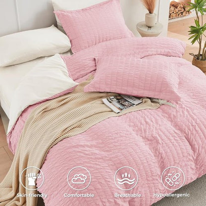 HYMOKEGE Full Size Comforter Set - Luxury 7-Piece Seersucker Bedding in Pink/Ivory for All Seasons