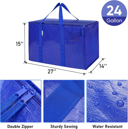 TICONN Extra Large Heavy-Duty Moving Bags - Durable Storage Solution with Zippers & Handles | 4 Pack, Blue