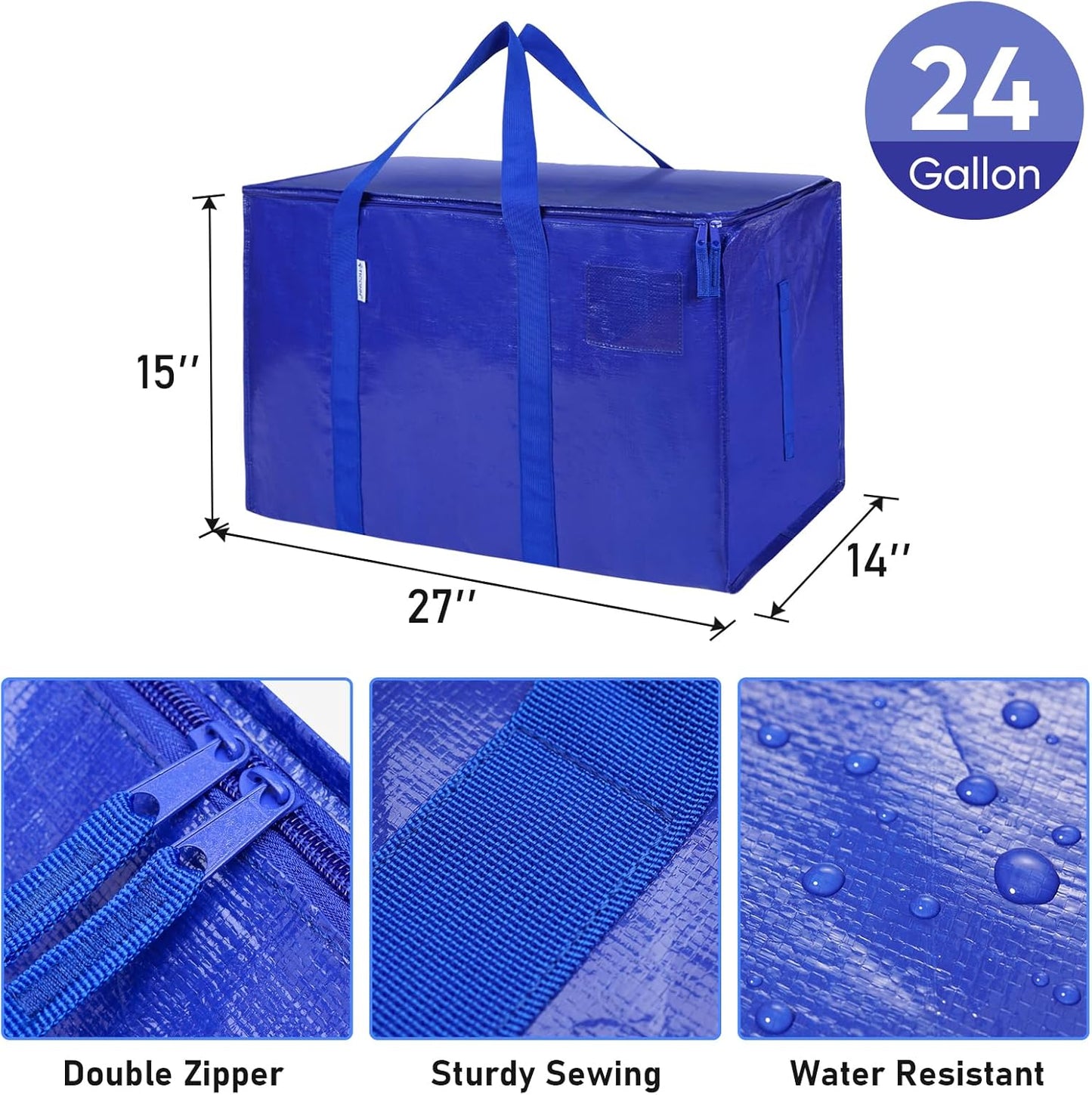 TICONN Extra Large Heavy-Duty Moving Bags - Durable Storage with Zippers & Handles | 12 Pack, Blue