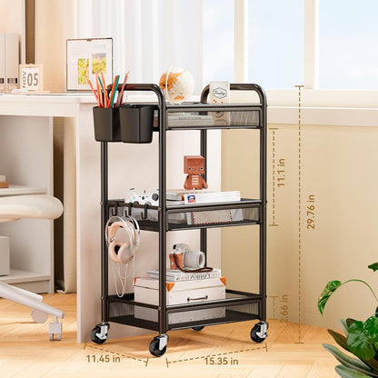 YASONIC 3-Tier Rolling Cart - Metal Utility Storage with Wheels, Hooks & Mesh Basket - Black