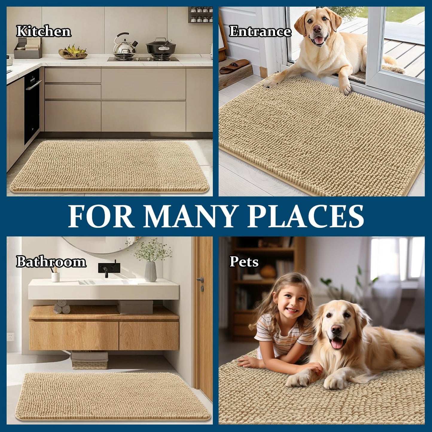 OLANLY Dog Door Mat - Absorbent Non-Slip Chenille Mat for Muddy Paws | 54x32 Inches, Quick Dry, Beige