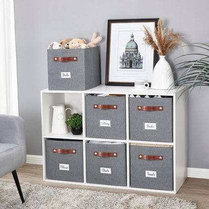 DECOMOMO Storage Bins - Fabric Cube Storage Bins with Labels | 11" Size, 6-Pack in Texture Grey