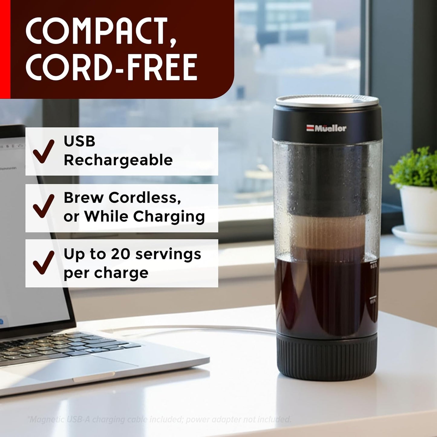 Mueller RapidBrew Cold Brew Coffee Maker - Fast 10-Minute Brewing | Portable & Rechargeable - 20 Servings, Black