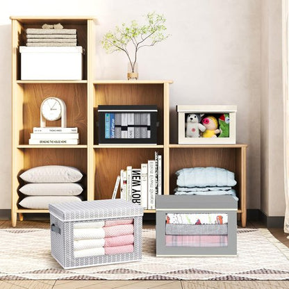 Homsorout Storage Cubes - 3-Pack Fabric Bins with Lids & Windows | Grey & White Closet Organizers
