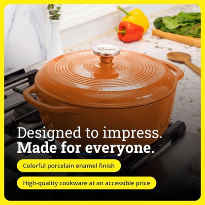Lodge Essential Enamel Cast Iron Dutch Oven - 6 Quart Moisture-Sealing Lid & Dual Handles - Apricot