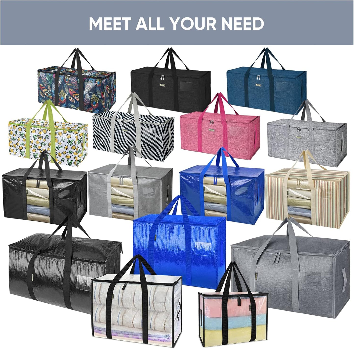 TICONN Extra Large Heavy-Duty Moving Bags - Durable Storage with Zippers & Handles | 12 Pack, Blue