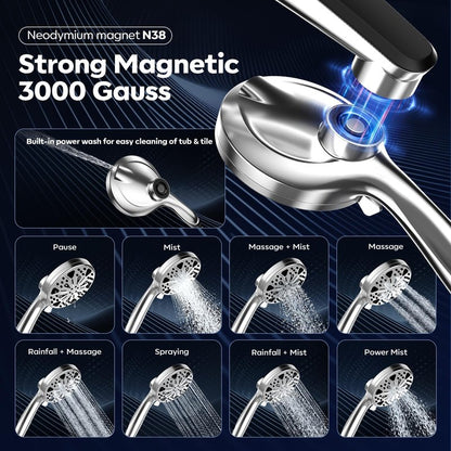 Rain Shower Head with Handheld High Pressure rainfall Shower Heads with Handheld Spray Combo Adjustable one-piece stand daul shower head Built-in Magnetic Docking and Power Jets-silver