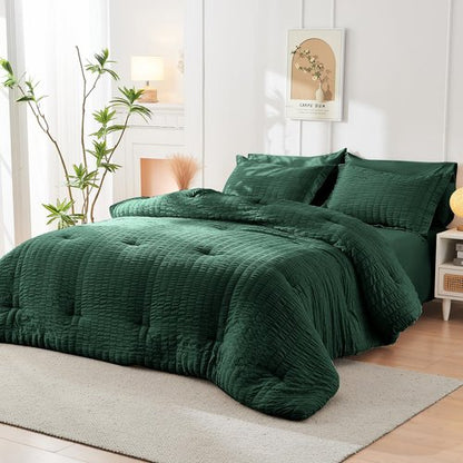 HYMOKEGE Emerald Green Twin XL Comforter Set Seersucker 5 Pieces, All Season Luxury Bed in a Bag for Bedroom, Bedding Set with Comforter, Sheets, Pillowcase & Sham