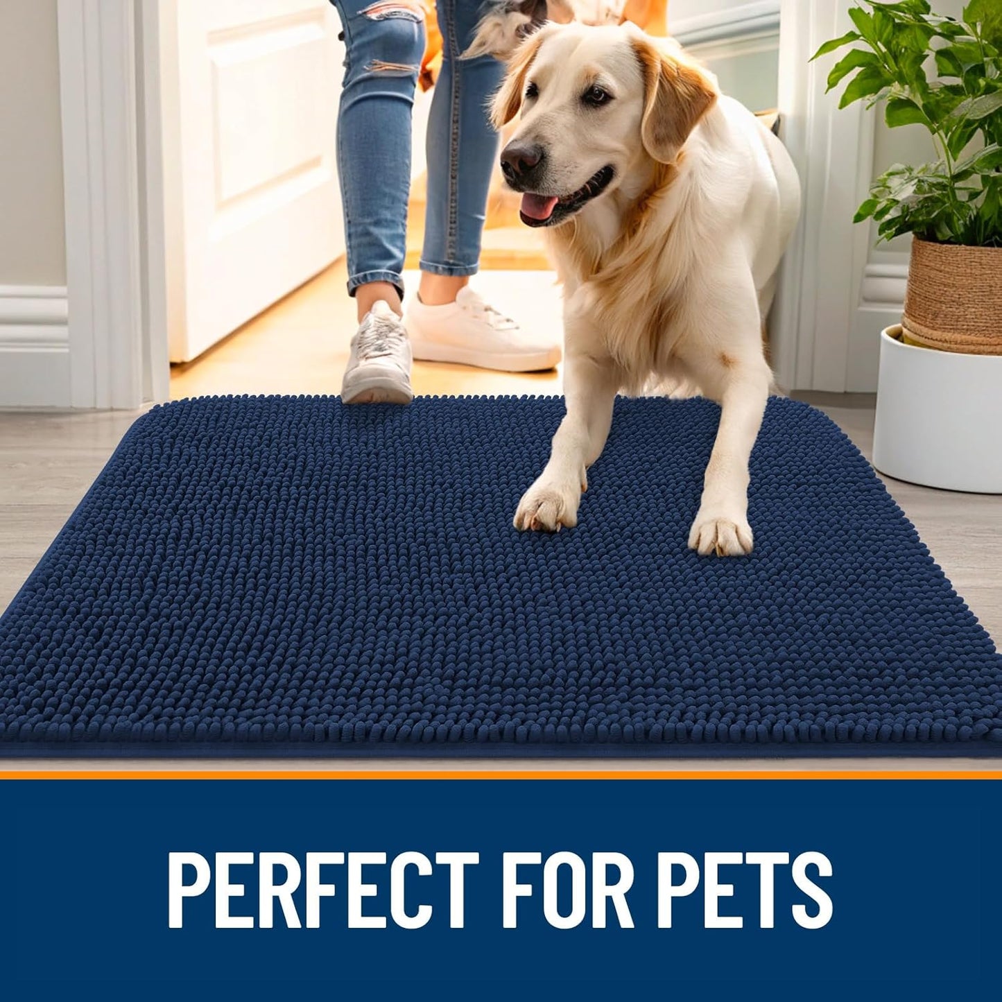 OLANLY Dog Door Mat - Absorbent Non-Slip Chenille Mat for Muddy Paws | 32x20, Dark Blue, Quick Dry