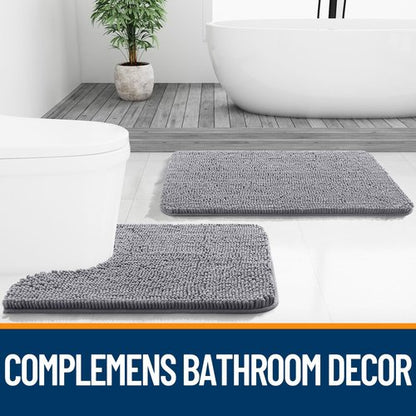 OLANLY Bathroom Rugs Sets 2 Piece, Soft Absorbent Chenille Bath Mats and U-Shaped Contour Toilet Mat Area Rug Set, Machine Washable Bath Carpet, Home Decor Accessories(30"x20"+24"x20", Grey)
