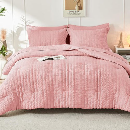 HYMOKEGE Rose Pink Full Size Comforter Sets Seersucker 7 Pieces, All Season Luxury Bed in a Bag for Bedroom, Bedding Set with Comforter, Sheets, Pillowcases & Shams