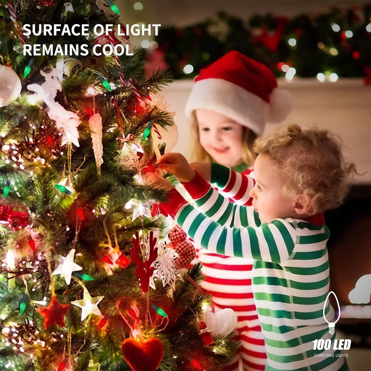 WATERGLIDE C6 33ft LED Faceted String Lights - 100 Waterproof Fairy Lights for Indoor/Outdoor Decor | Red & Green
