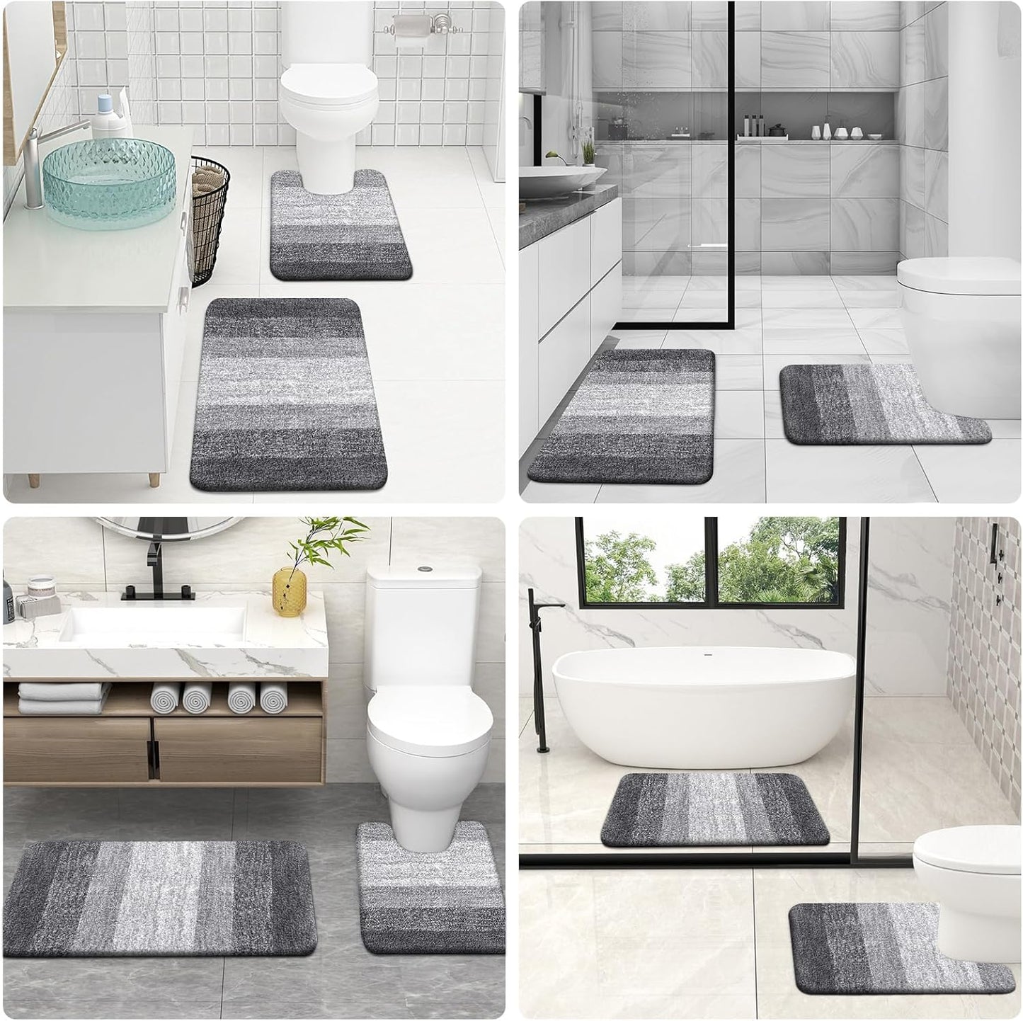 OLANLY Bathroom Rugs Set - Soft Absorbent Microfiber Mats & U-Shaped Toilet Rug | Grey, 3-Piece Set