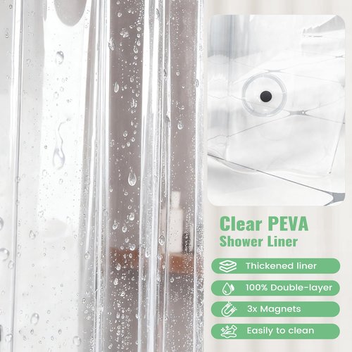 Dynamene Extra Long Shower Curtain and Liner Set - 96 inch Tall Waffle Fabric, Waterproof Clear Liner, Heavy Duty Weighted Hotel Luxury Shower Curtains for Bathroom with 12 Hooks, 72x96, Charcoal Grey