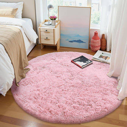 OLANLY Pink Round Area Rug - Soft & Fluffy 9 ft Shaggy Carpet for Bedroom, Living Room, Nursery Decor