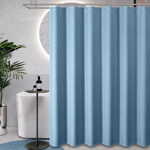 Dynamene Stall Fabric Shower Curtain - 36x72 Waffle Weave Weighted Cloth Shower Curtains for Bathroom, Neutral Heavy Duty Hotel Spa Luxury Bath Curtain Set with 6 Plastic Hooks, Moonlight Blue
