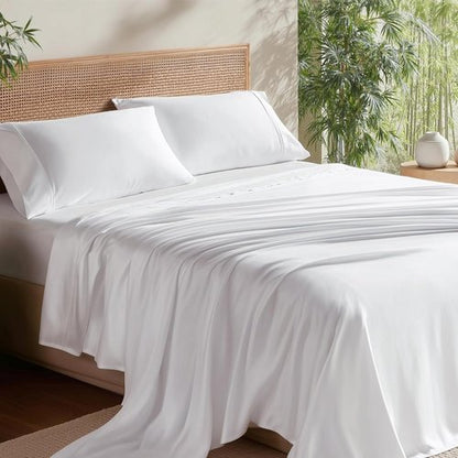 Bedsure Cooling Full Size Bed Sheets - Breathable Rayon from Bamboo, Deep Pocket Up to 16", Soft White