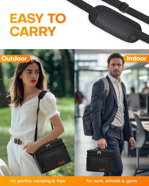 HOTOR Insulated Lunch Box for Men & Women - Leak-Proof Cooler Lunch Bag with 4 Pockets, Adjustable Strap, Ideal for Work, Picnic, Travel - Medium, Black, 10.2"×6.9"×8.5"