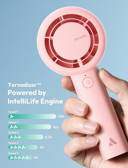 Aecooly Portable Handheld Turbo Fan - 24H Cooling, 5-Speed USB Rechargeable Mini Fan | Pink for Travel & Home