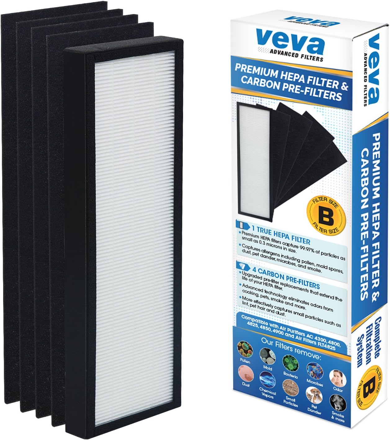 Veva HEPA Filter B - Compatible Replacement for Germ Guardian AC4825 & More | Includes 1 HEPA & 4 Carbon Filters