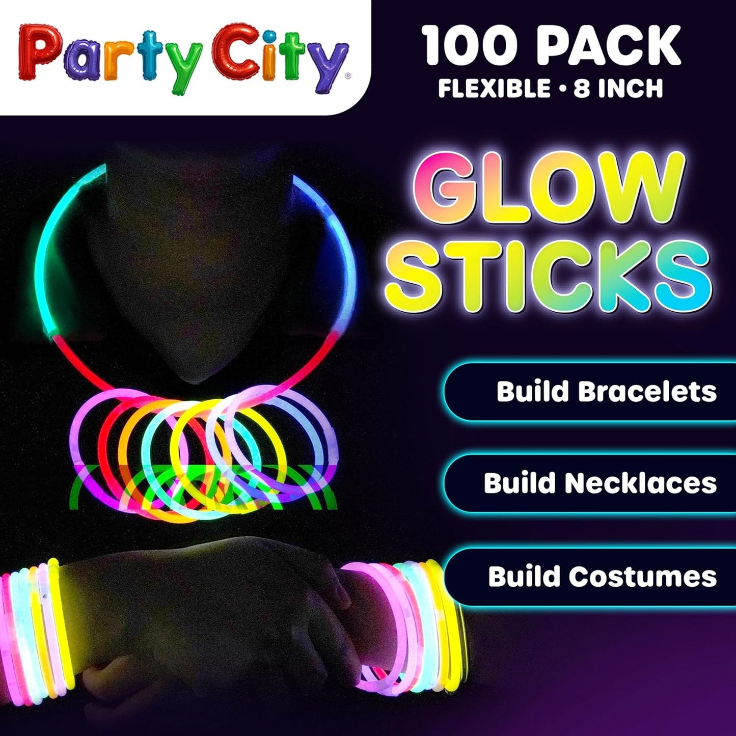 Party City 100 Glow Sticks - Neon Glow in the Dark Party Supplies | Connectors for Bracelets & Necklaces
