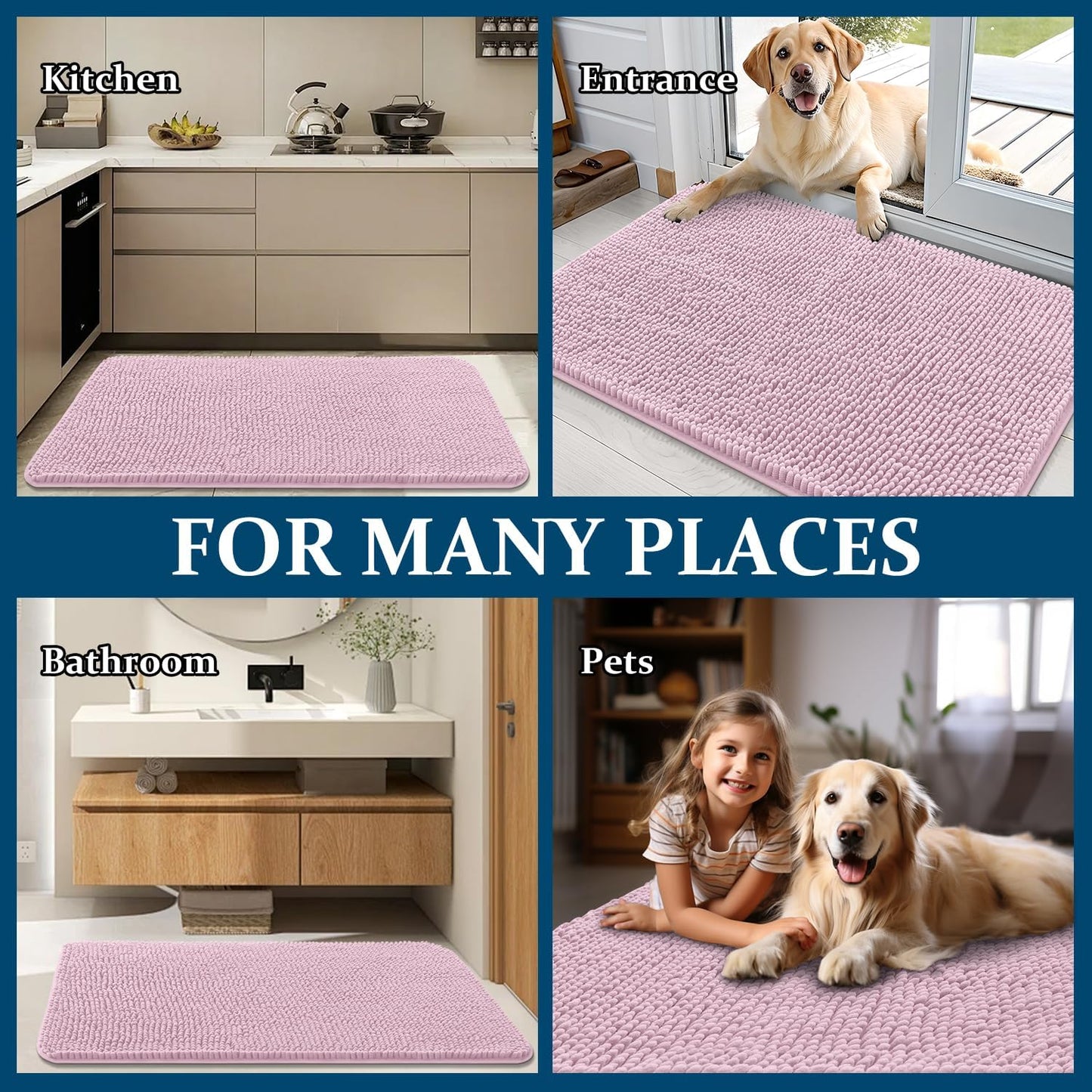 OLANLY Dog Door Mat - Absorbent Non-Slip Chenille Mat for Muddy Paws | 47x32, Dusty Rose Color