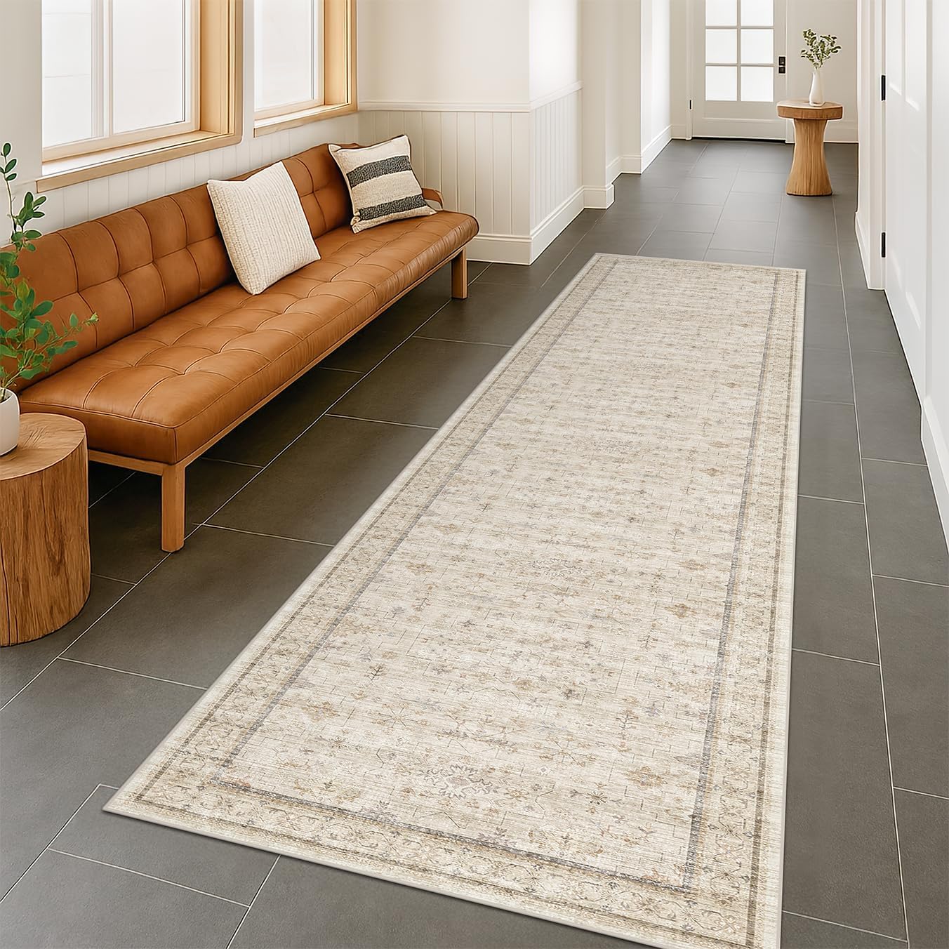 Skiennix Extra Long Runner Rug - Non-Slip, Machine Washable | Soft Low Pile, Light Beige, 2'6"x10' Geometric Floral Design