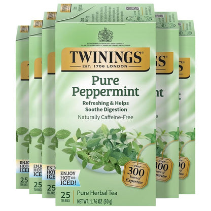 Twinings Pure Peppermint Herbal Tea Individually Wrapped Bags, 25 Count (Pack of 6), Fresh Minty Flavour, Naturally Caffeine-Free, Enjoy Hot or Iced, 150 Teabags