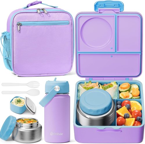Fimibuke Kids Bento Lunch Box - Leakproof Insulated Food Jar & Water Bottle | 3-4 Compartment Container for School