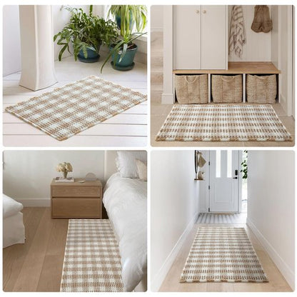 TYUU Waffle Runner Rug Bathroom, Long Boho Bathroom Rugs Non Slip Washable Absorbent Checkered Bathroom Mat Quick Dry Farmhouse Bath Mat, 72"x24" Khaki and White