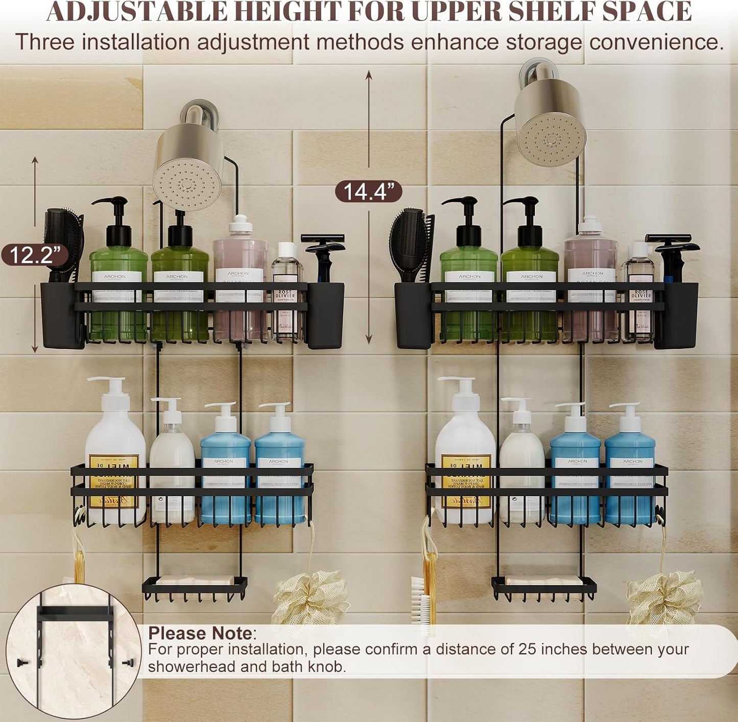 Shower Caddy - 3 Tier Adjustable Bathroom Organizer with Heavy-Duty Suction Cups | Rustproof Black