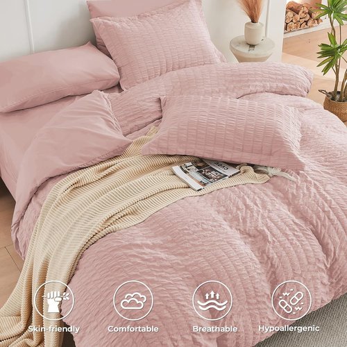 HYMOKEGE Rose Gold Comforter Set - Luxurious 7-Piece All-Season Bedding in Seersucker Design