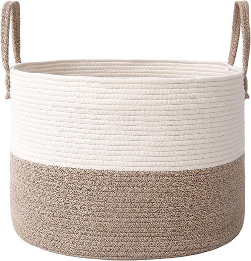 JMvicyroam 65L Extra Large Blanket Basket - Woven Cotton Rope Laundry Hamper with Handles | Machine Washable, White & Brown