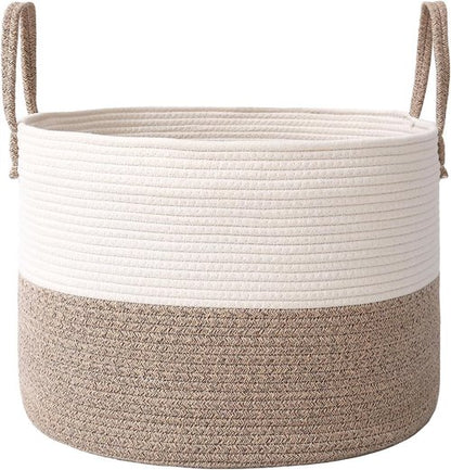JMvicyroam Extra Large Blanket Basket - Woven Cotton Rope Laundry Hamper with Reinforced Handles | White & Brown