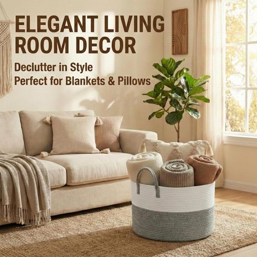 JMvicyroam 65L Extra Large Blanket Basket - Woven Cotton Rope Laundry Hamper with Reinforced Handles | Machine Washable White & Grey Storage Bin for Pillows, Comforters & Toys