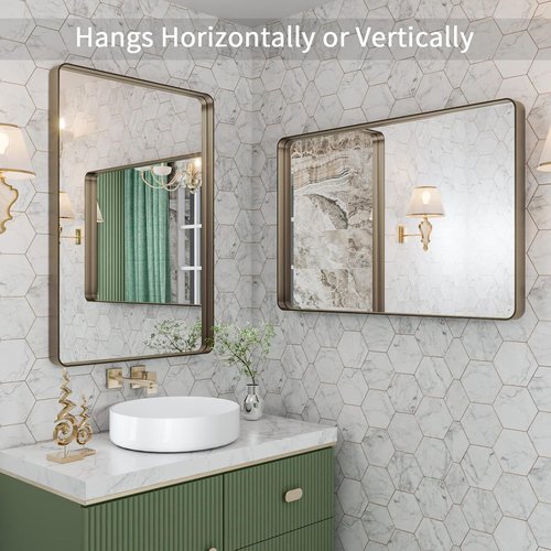 LOAAO Bronze Bathroom Mirror - 24”x32” Rounded Rectangle Design with Anti-Rust Brushed Metal Frame | Versatile Hanging Options