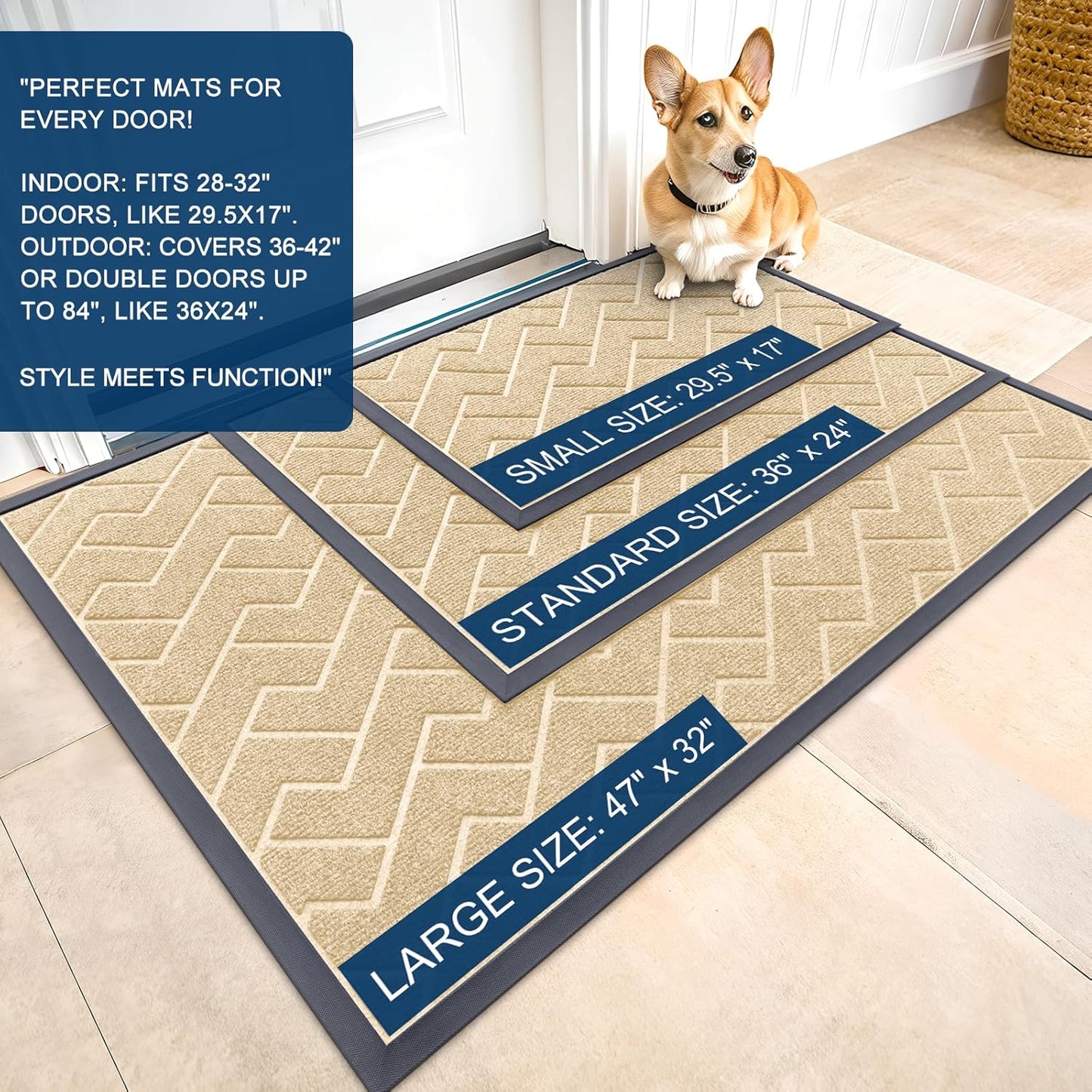 OLANLY Waterproof Front Door Mat - All-Season Indoor/Outdoor Doormat, Sturdy Natural Rubber, Herringbone Brick (Beige, 71x47)
