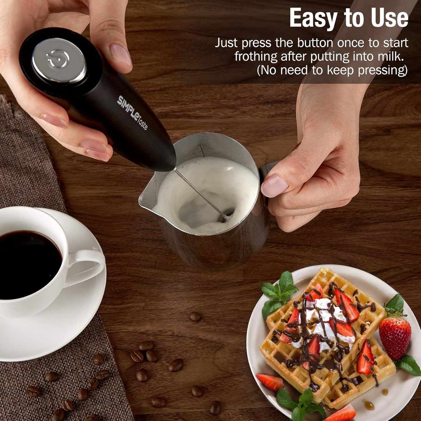 SIMPLETASTE Handheld Electric Milk Frother - Stainless Steel Whisk for Cappuccino & Latte | Black with Stand
