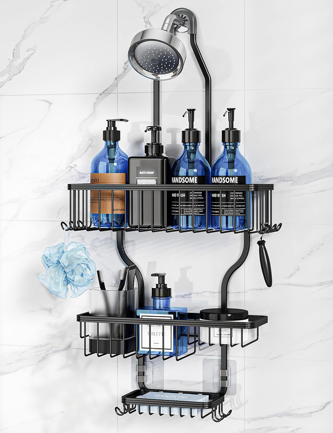YASONIC Shower Caddy - Large Aluminum Over Shower Head Organizer with 10 Hooks & Soap Basket | Black