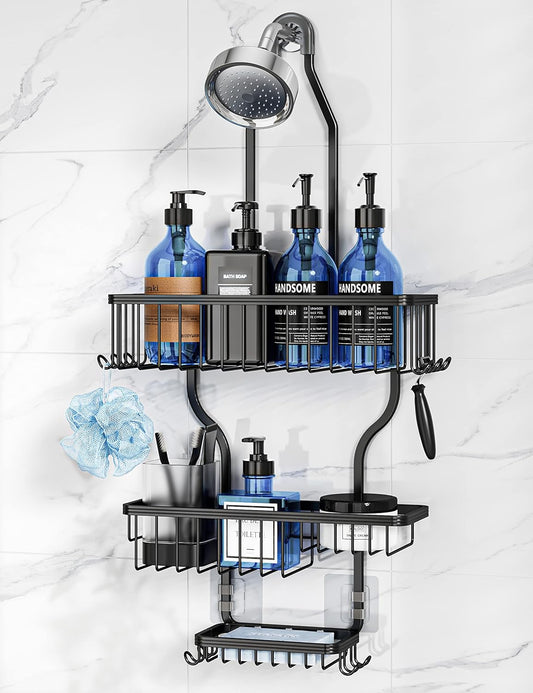 YASONIC Shower Caddy - Large Rust-Proof Aluminum Over Shower Head Organizer with 10 Hooks - Black