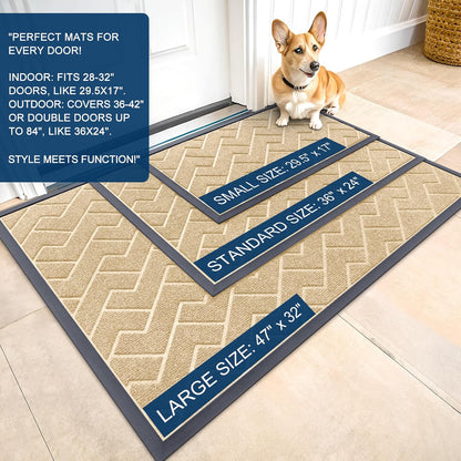OLANLY Indoor Outdoor Front Door Mat - Waterproof All-Season Herringbone Doormat | Easy Clean, Beige 29.5x17