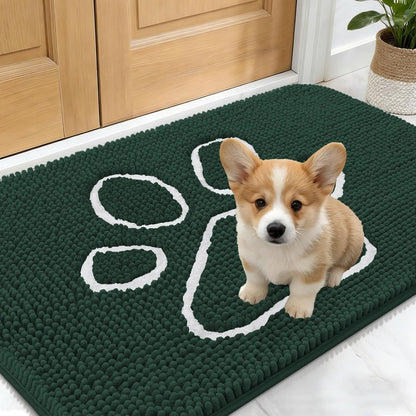 OLANLY Dog Door Mat - Absorbent Non-Slip Mud Mat for Muddy Paws | 24x16 Paw Print Design, Quick Dry Blackish Green